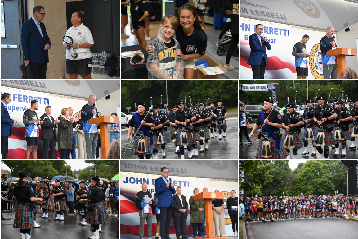 A multi-panel photo collage captures various moments from an outdoor community event, featuring speakers, participants, and a marching band.